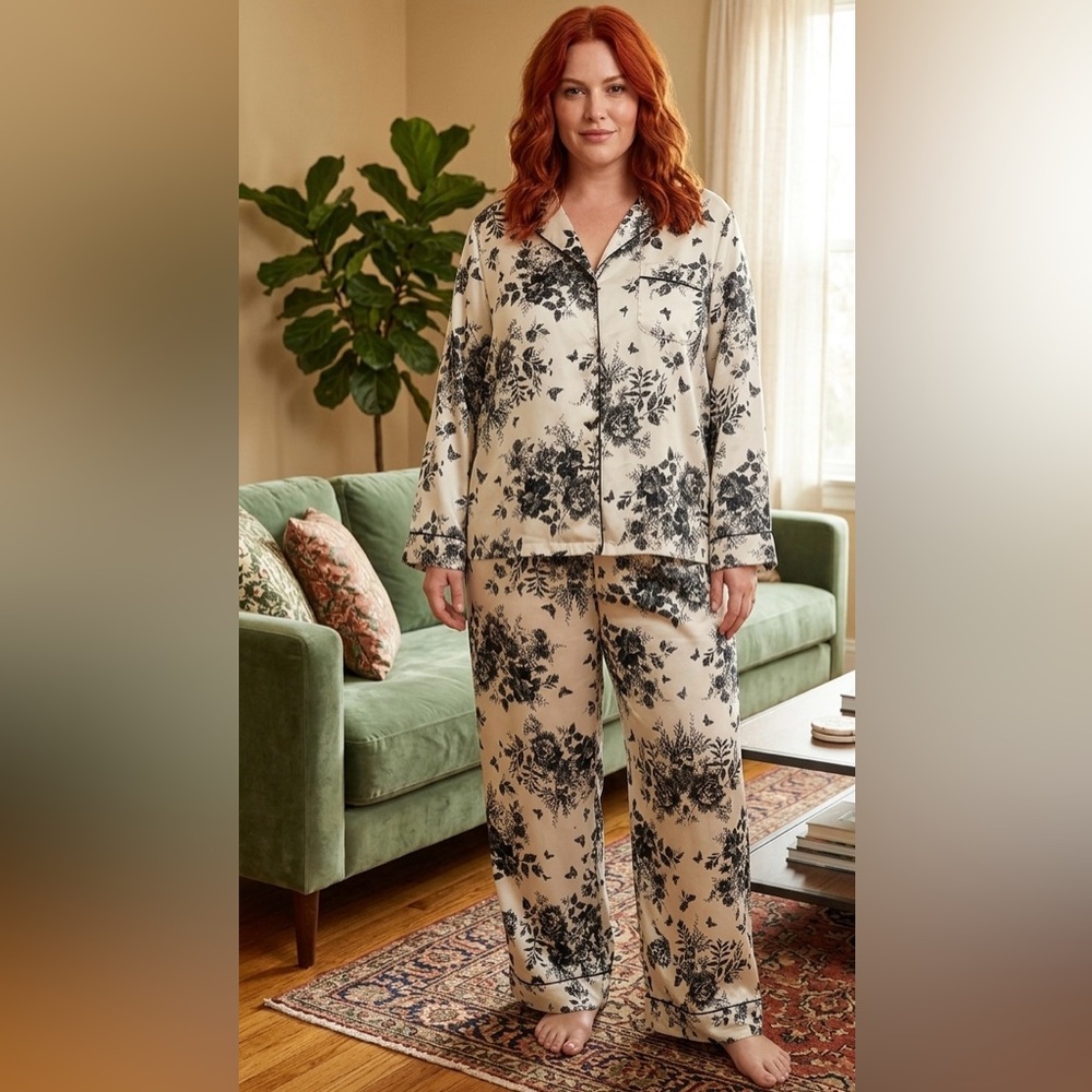 Victoria's Secret Black and Cream Floral Pajama Set